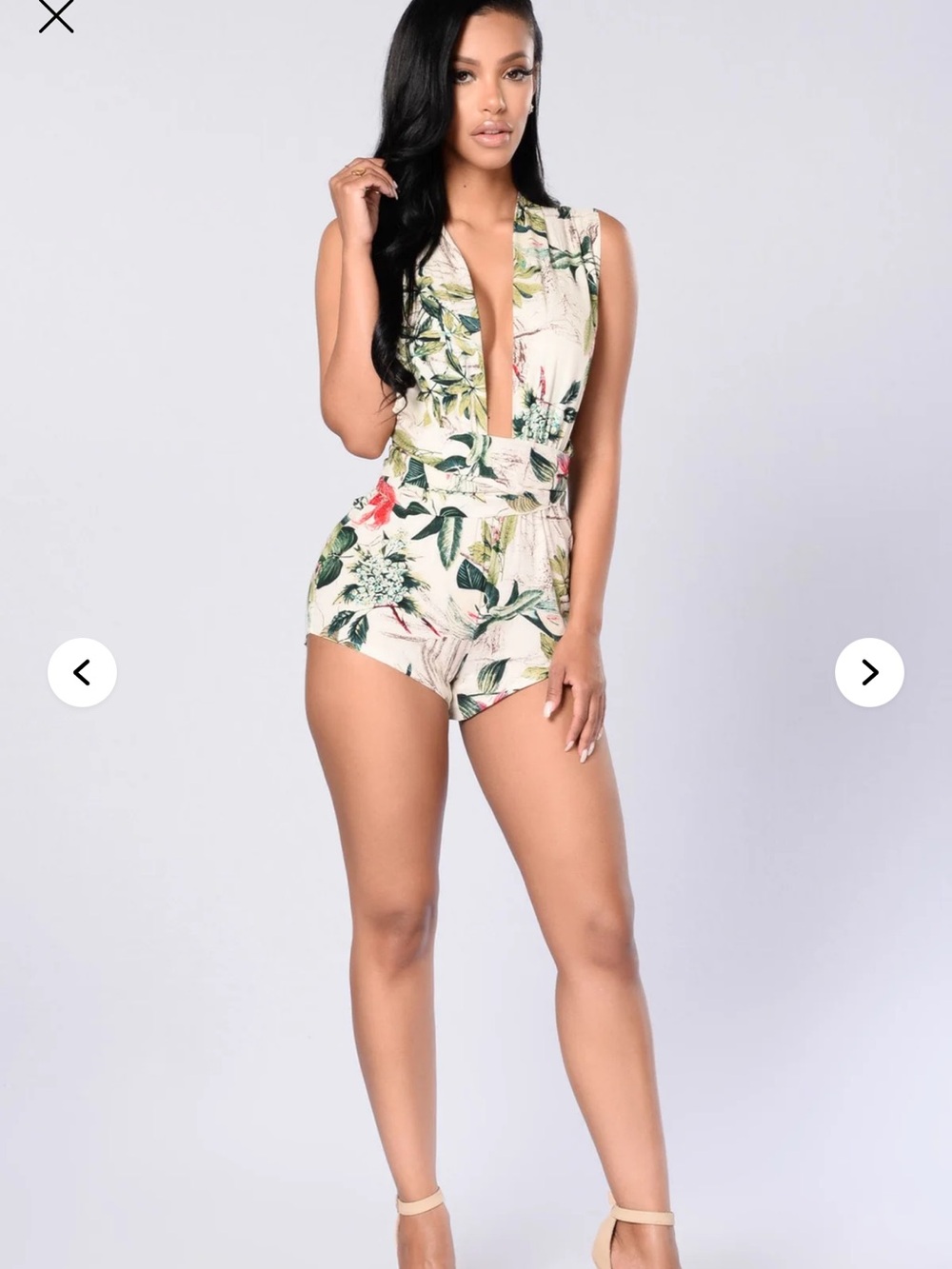 Fashion Nova Green & Cream Tropical V-Neck Romper